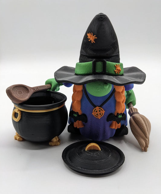 Meet our Articulated Halloween Witch Gnome with Cauldron, Broom, & Spoon! This delightful gnome brings whimsical magic to your seasonal decor. Perfect for Halloween enthusiasts and collectors, this piece is sure to add a playful charm to any setting.